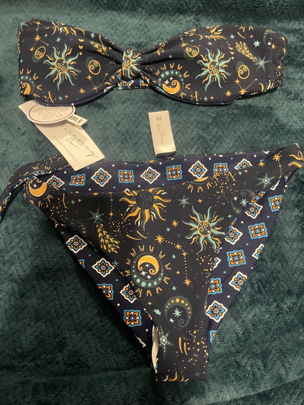 Vacancy Co. Navy Bandeau Bikini Reversible celestial side moon & sun/floral tile